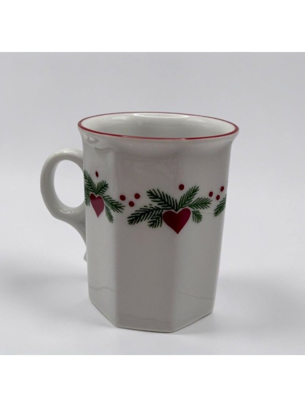 Porsgrund Norway Coffee Mug Hearts and Pines Octagonal Cup Red Rimmed